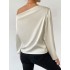 Solid One-shoulder Skew Neck Blouse, Elegant Long Sleeve Blouse For Spring & Fall, Women's Clothing Solid One-shoulder Skew Neck Blouse, Elegant Long Sleeve Blouse For Spring & Fall, Women's Clothing