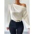 Solid One-shoulder Skew Neck Blouse, Elegant Long Sleeve Blouse For Spring & Fall, Women's Clothing Solid One-shoulder Skew Neck Blouse, Elegant Long Sleeve Blouse For Spring & Fall, Women's Clothing