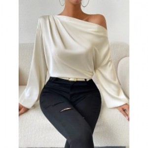 Solid One-shoulder Skew Neck Blouse, Elegant Long Sleeve Blouse For Spring & Fall, Women's Clothing