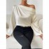 Solid One-shoulder Skew Neck Blouse, Elegant Long Sleeve Blouse For Spring & Fall, Women's Clothing Solid One-shoulder Skew Neck Blouse, Elegant Long Sleeve Blouse For Spring & Fall, Women's Clothing