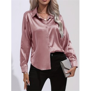 Solid Smoothly Shirt, Elegant Button Front Turn Down Collar Long Sleeve Shirt, Women's Clothing