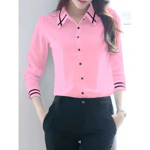 Contrast Trim Button Front Shirt, Casual Long Sleeve Shirt For Spring & Fall, Women's Clothing