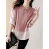 Contrast Striped Crew Neck Blouse, Elegant Long Sleeve Split Side Blouse For Spring & Fall, Women's Clothing