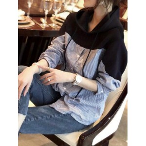 Patchwork Striped Print Button Hoodie, Casual Cuff Sleeve Drawstring Hoodies Sweatshirt, Women's Clothing