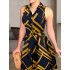 Abstract Print Button Front Sleeveless Dress, Casual Tie-waist Lapel Dress For Spring & Summer, Women's Clothing