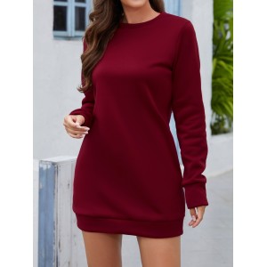 Casual Crew Neck Sweatshirt Dress, Long Sleeve With Pocket Sweatshirt Dresses , Women's Clothings