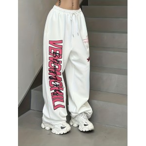 Letter Print Drawstring Waist Loose Pants, Casual Hip-hop Streetwear Pants, Women's Clothing