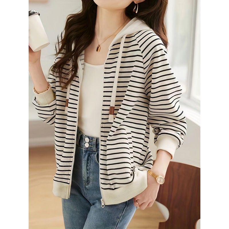 Striped Zip Up Hoodie, Casual Long Sleeve Drawstring Hoodies Sweatshirt, Women's Clothing