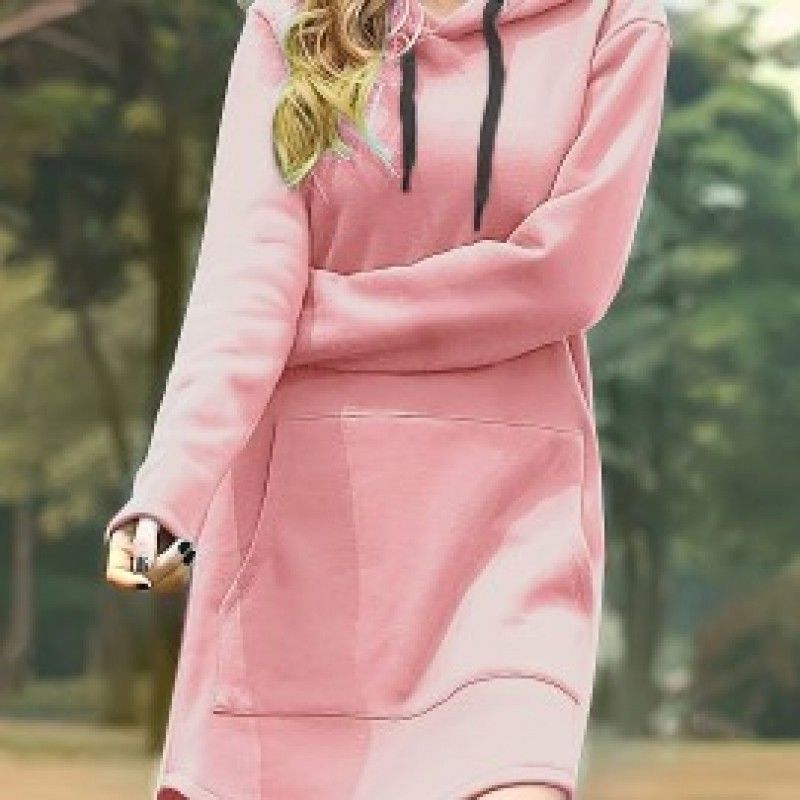 Solid Drawstring Pocket Hooded Dress, Casual Long Sleeve Dress For Spring & Fall, Women's Clothing