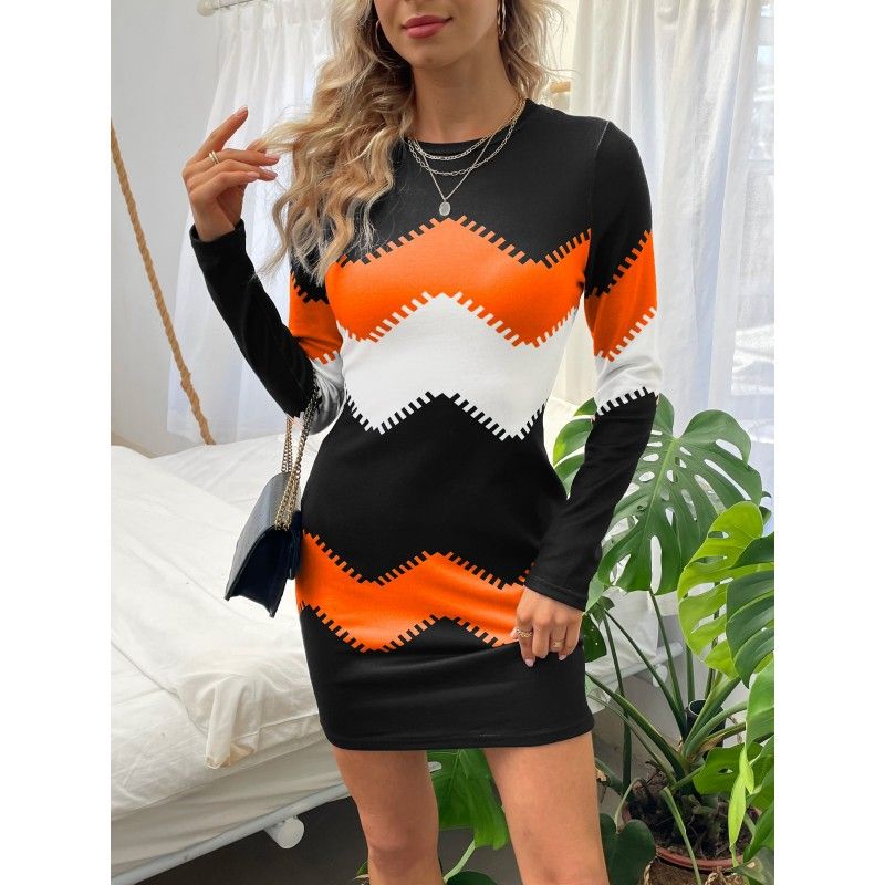 Color Block Simple Dress, Casual Long Sleeve Bodycon Mini Dress, Women's Clothing