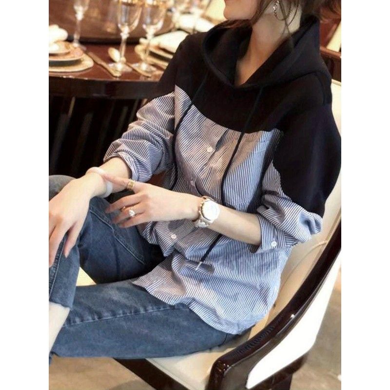 Patchwork Striped Print Button Hoodie, Casual Cuff Sleeve Drawstring Hoodies Sweatshirt, Women's Clothing
