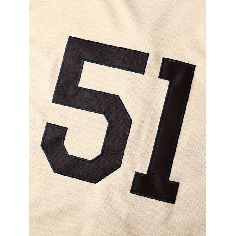 #51 Beige Baseball Jersey Embroidery V Neck Short Sleeve Baseball Shirt, Breathable Button-Up Sports Uniform For Training Competition Party