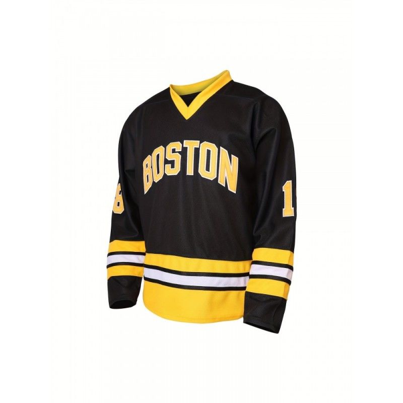 1pc Boston Gilmore #18 Men'S Ice Hockey Jersey - Polyester V-Neck Pullover with Embroidered Lettering - Loose-Fit Sports Top for Casual, Beach, Halloween, Christmas - Knitted Athletic Shirt for Training, Outdoor Activities, Field Sports
