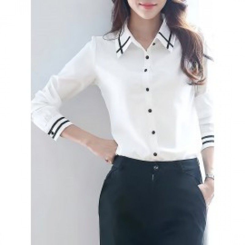Contrast Trim Button Front Shirt, Casual Long Sleeve Shirt For Spring & Fall, Women's Clothing
