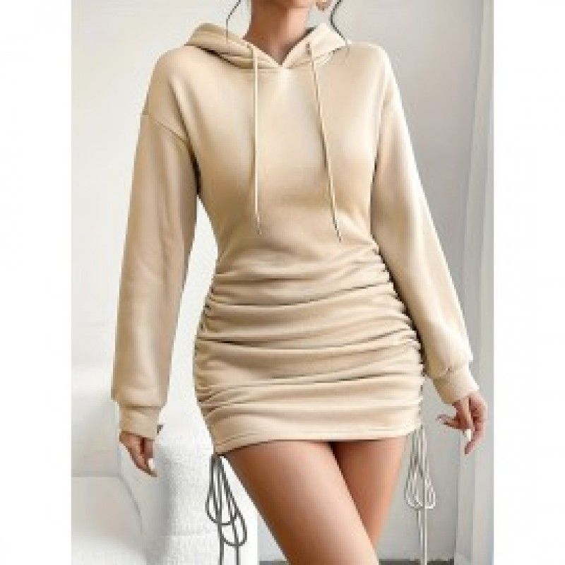 Drawstring Hoodie Ruched Dress, Casual Long Sleeve Dress For Spring & Fall, Women's Clothing